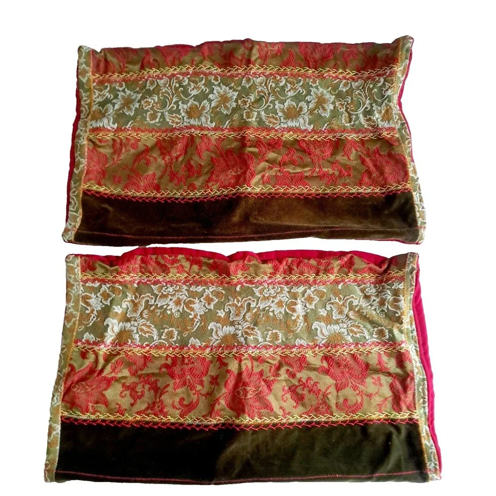 Custom Vintage Pair TAPESTRY Velvet Floral Pillow Cover Appx.‎ 27'x16' Red, Gold